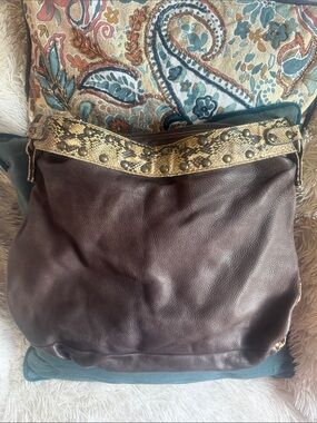 Brown Leather &Snake Hobo Bag with Gold rings & studs Y2K Biker Boho Beach bag